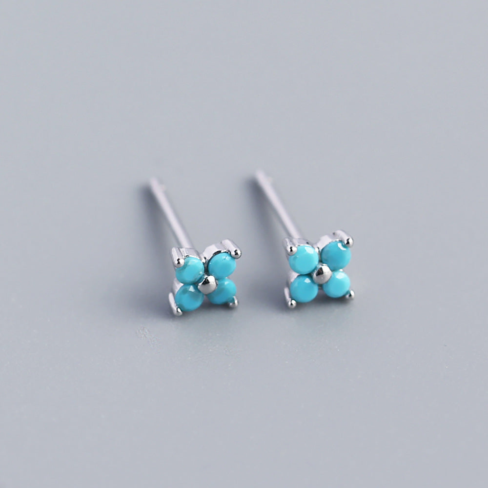 Wholesale Simple Diamond S925 Silver Four-leaf Flower Sweet Small Colorful Flower Earrings